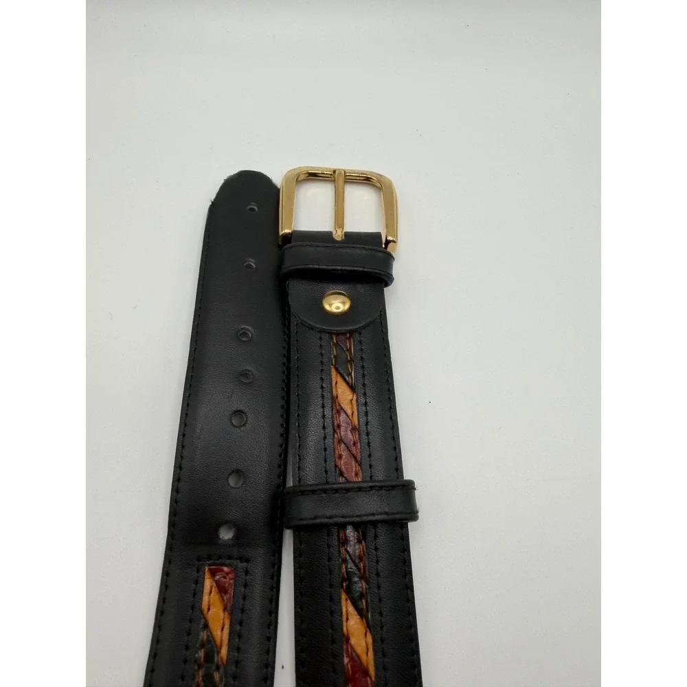 VTG Genuine Leather Belt Multi Color Braided Exotic Inlay Gold Buckle Western ML